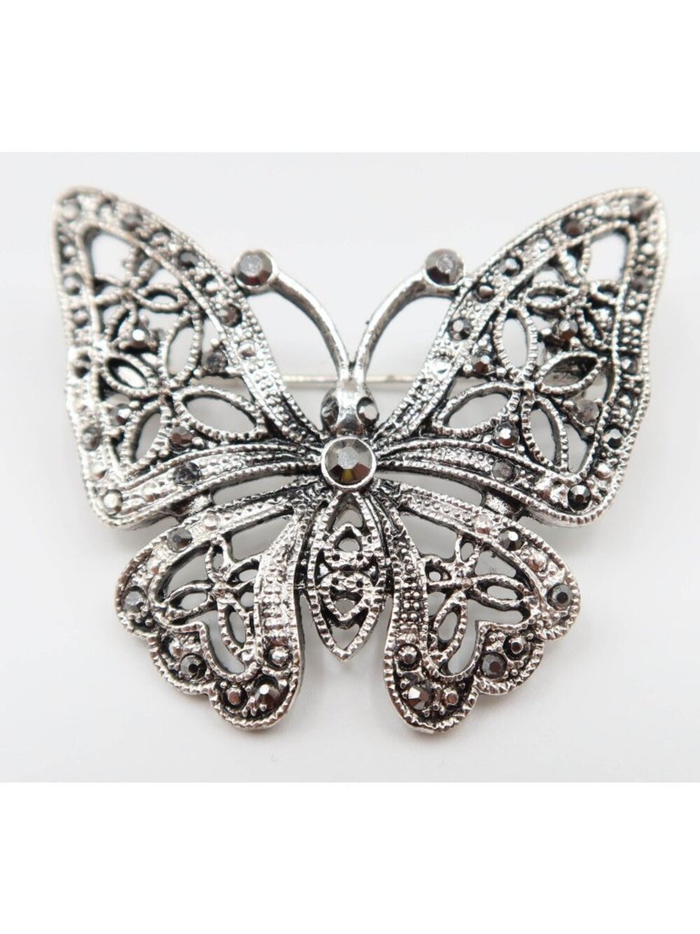 Marcasite & Silver Tone Butterfly Brooch Contemporary Fashion Unsigned 1.75"x1.5